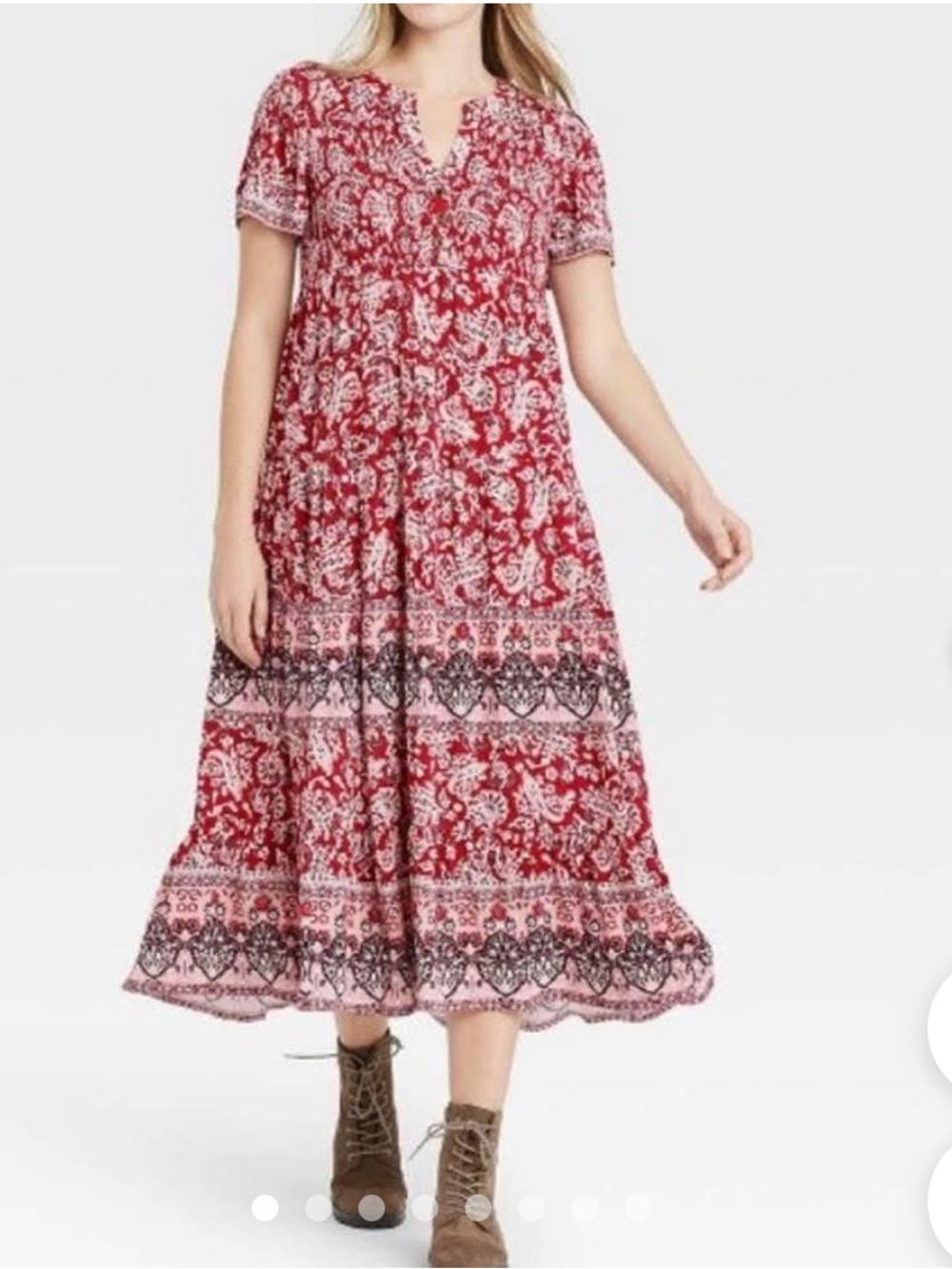Knox Rose Women’s Medium Red Floral Tiered Midi Dress Boho Rayon